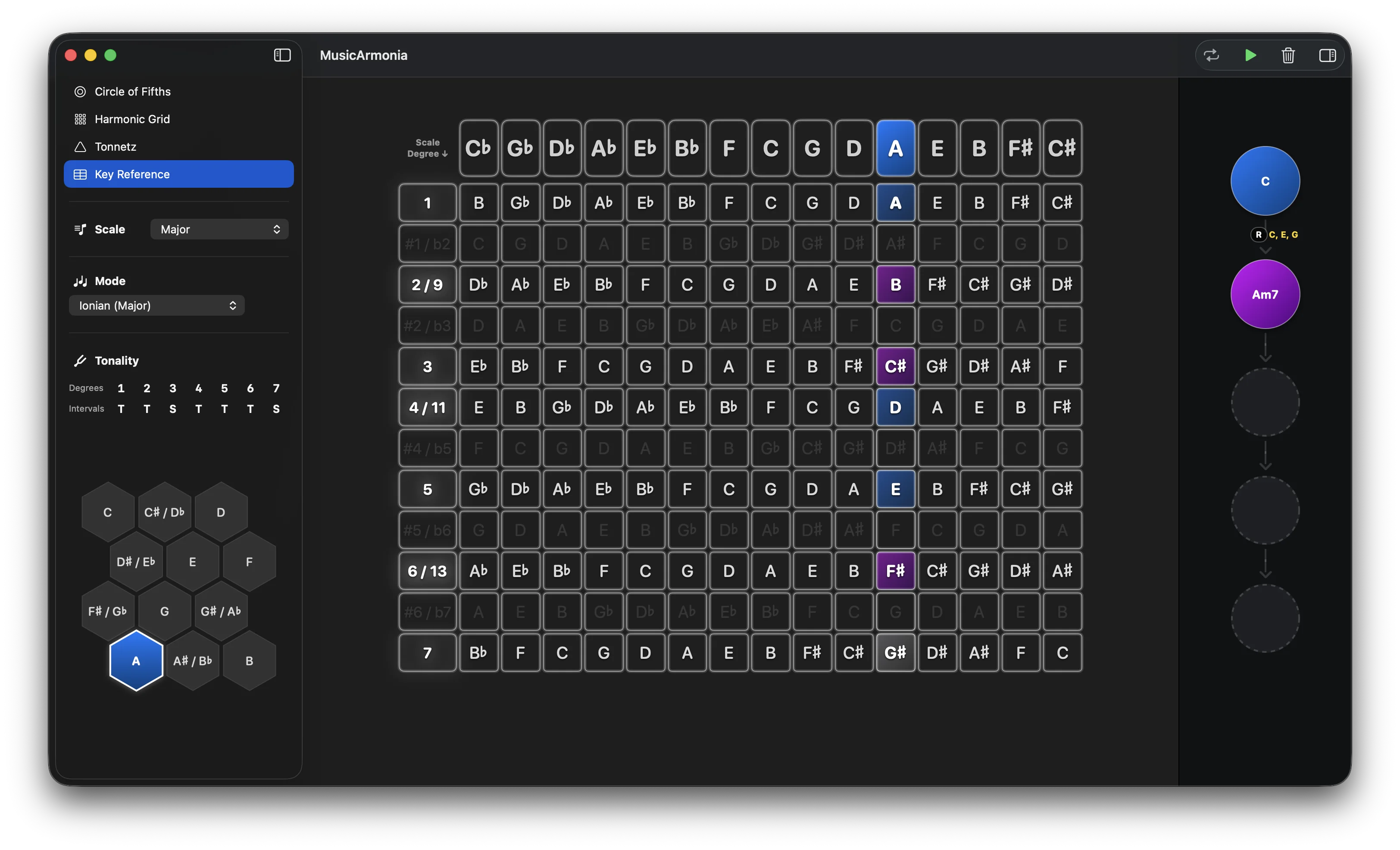 Key Reference view showing transposed chord builder matrix
