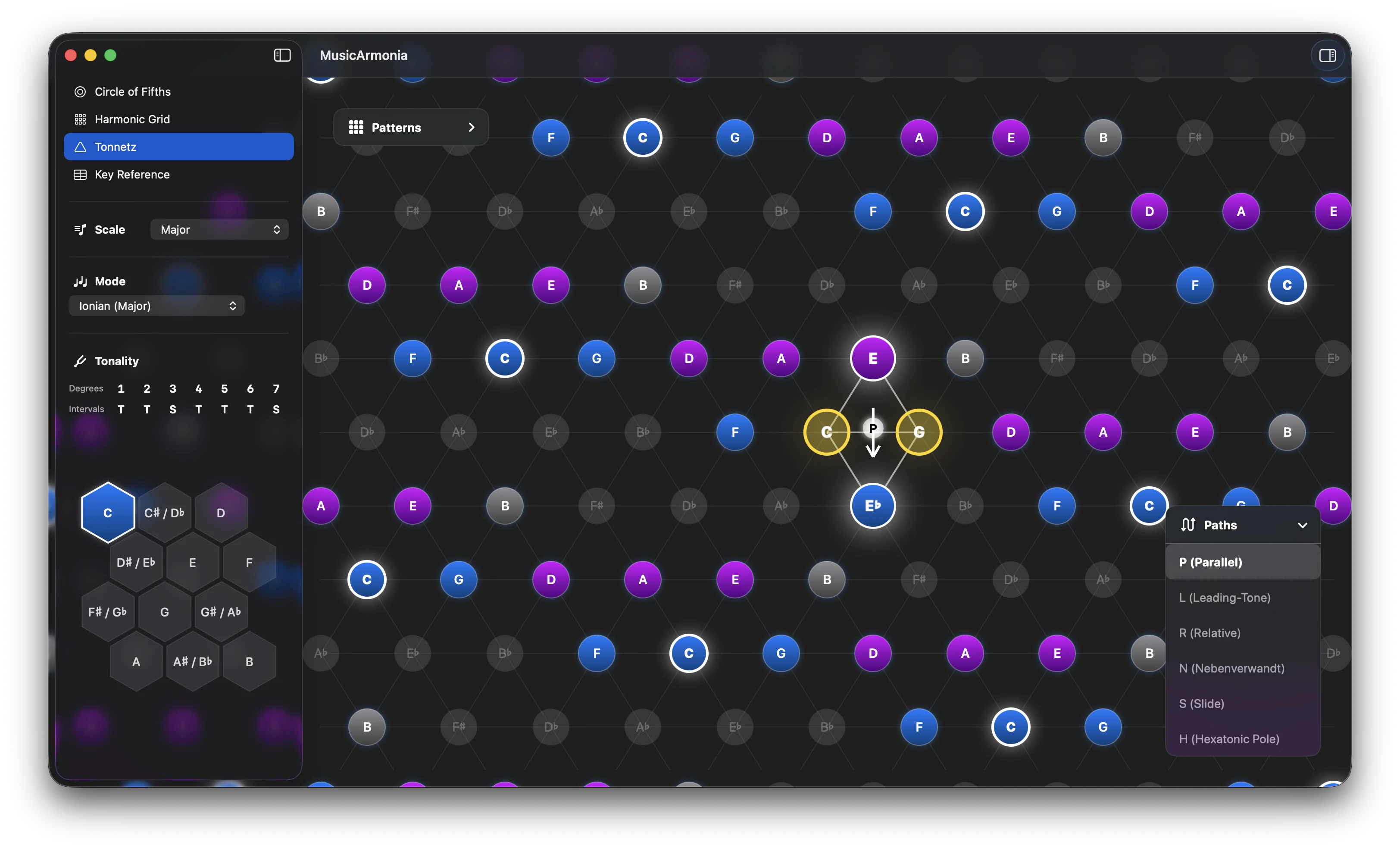 Tonnetz grid showing triangles and transformation paths